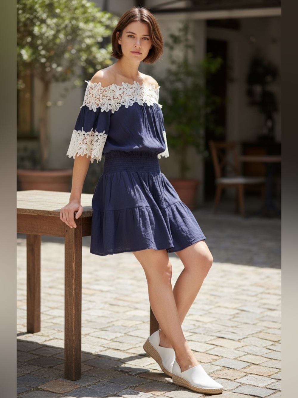 Pixie Market Navy Blue Off-Shoulder Mini Dress with White Lace Trim